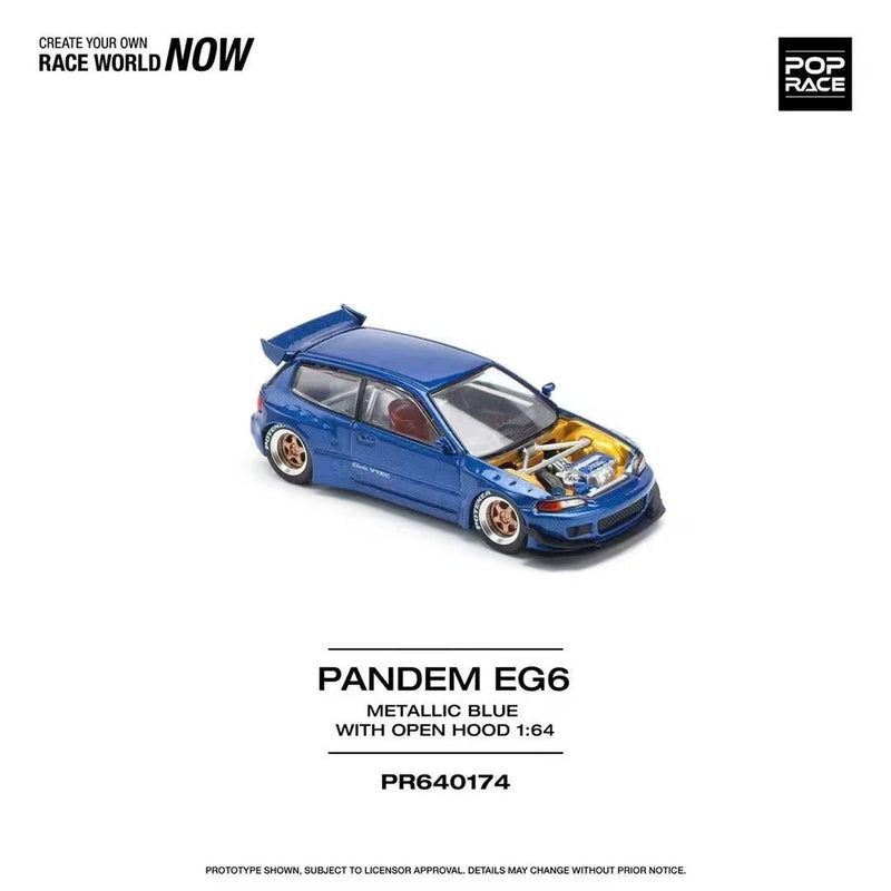 1:64 alloy car model ornament of a blue Honda Civic EG6 with open hood