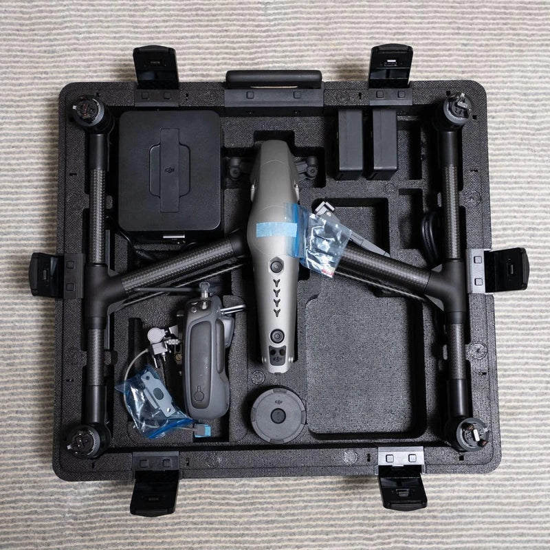 Black DJI Inspire 2 drone kit in hard case with Zenmuse X5s camera components