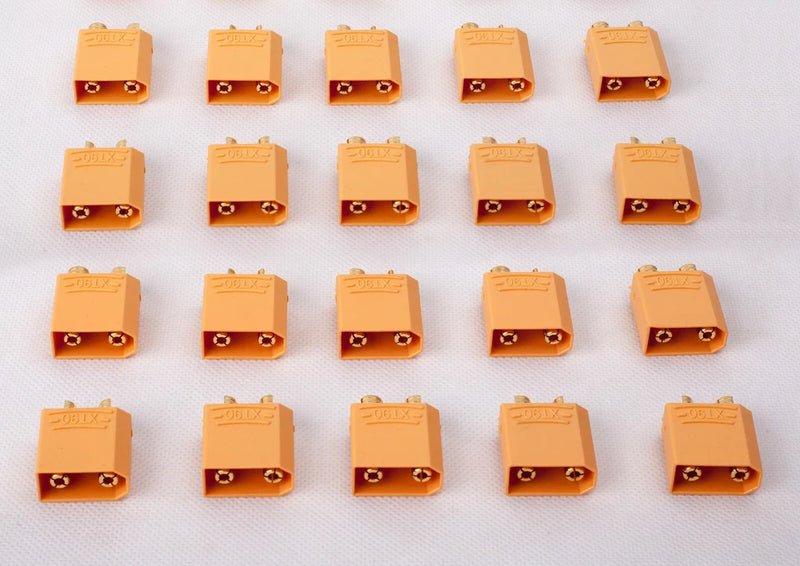 Pack of 20 XT90 male lipo battery connectors, orange, gold terminals, RC plugs