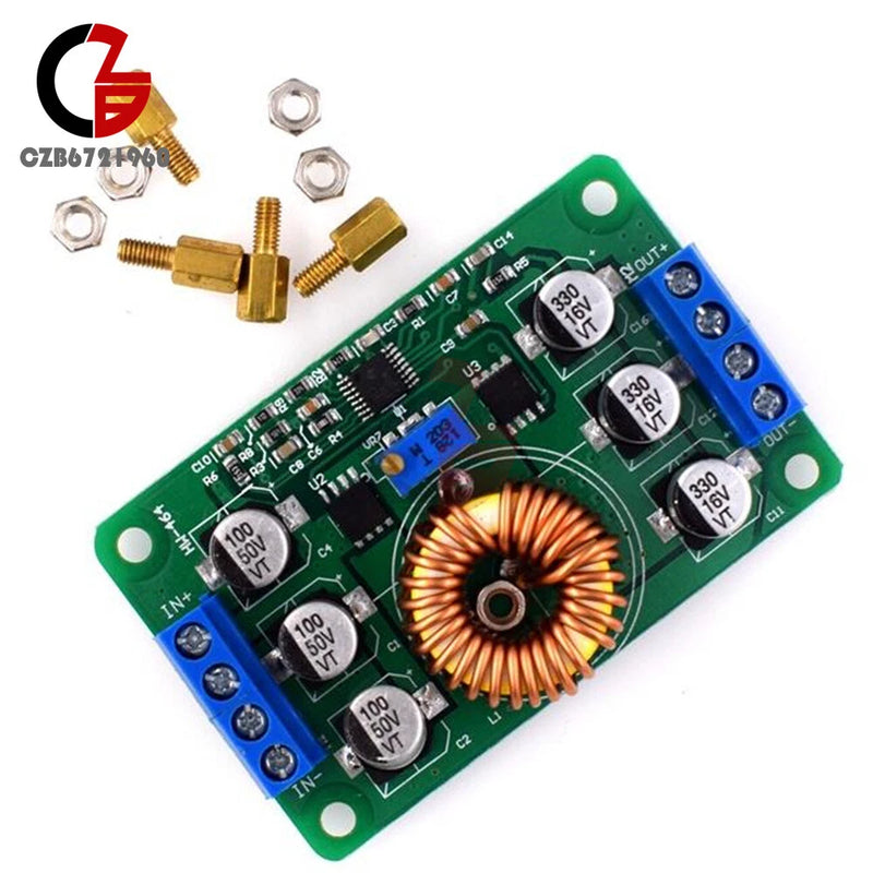 DC-DC buck converter module with green PCB, copper inductor coil, and blue screw terminals
