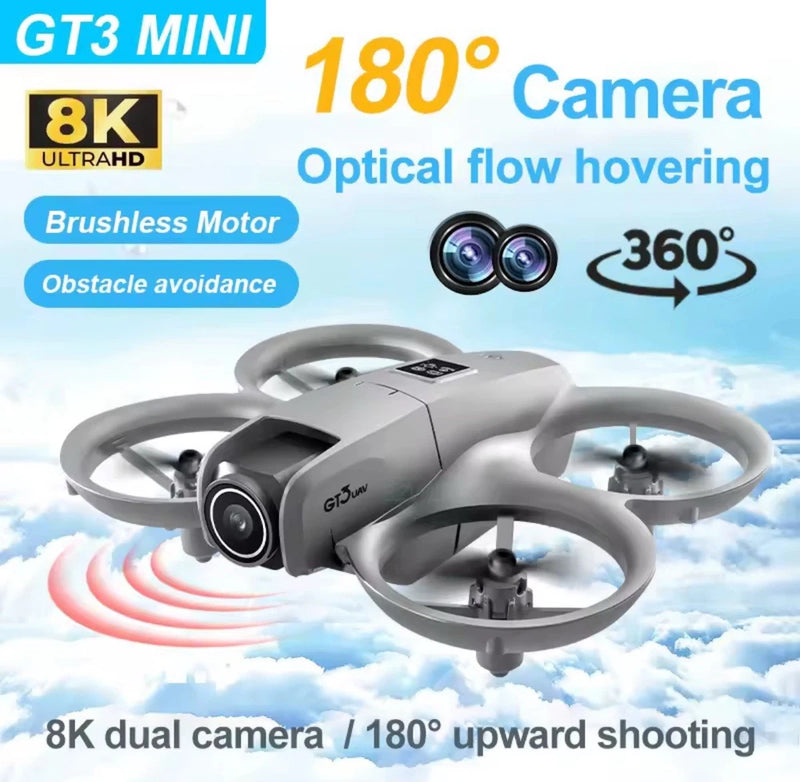 Gray quadcopter drone with dual cameras and four propellers