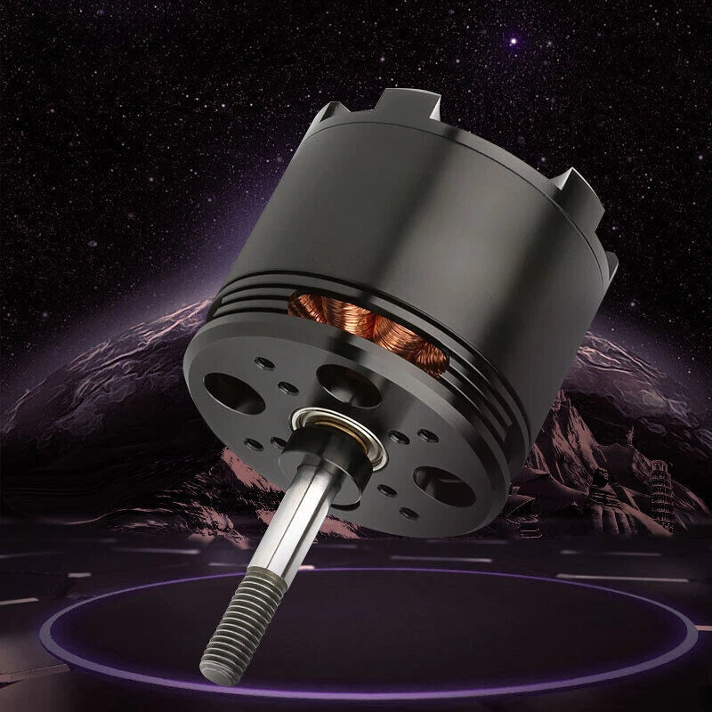 Gray brushless DC motor with copper windings and metal output shaft with threads