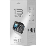 GoPro HERO13 Black waterproof action camera box, showing front camera and accessories