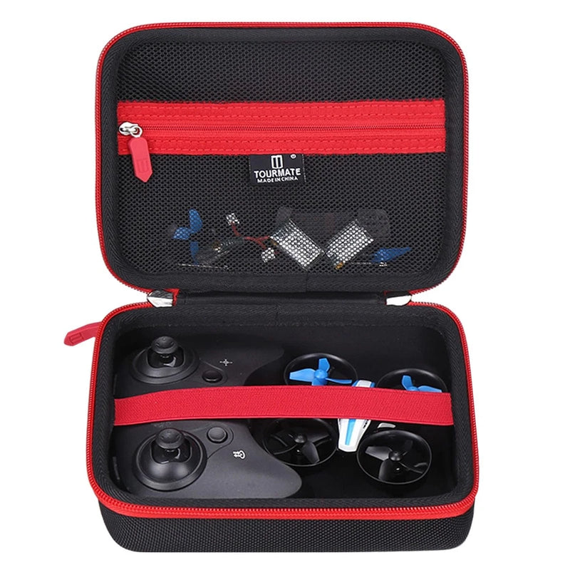 Hard storage case with red zipper, open interior with mesh pockets for mini drone parts