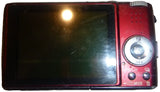 Red Panasonic digital compact camera with rear LCD screen and control buttons