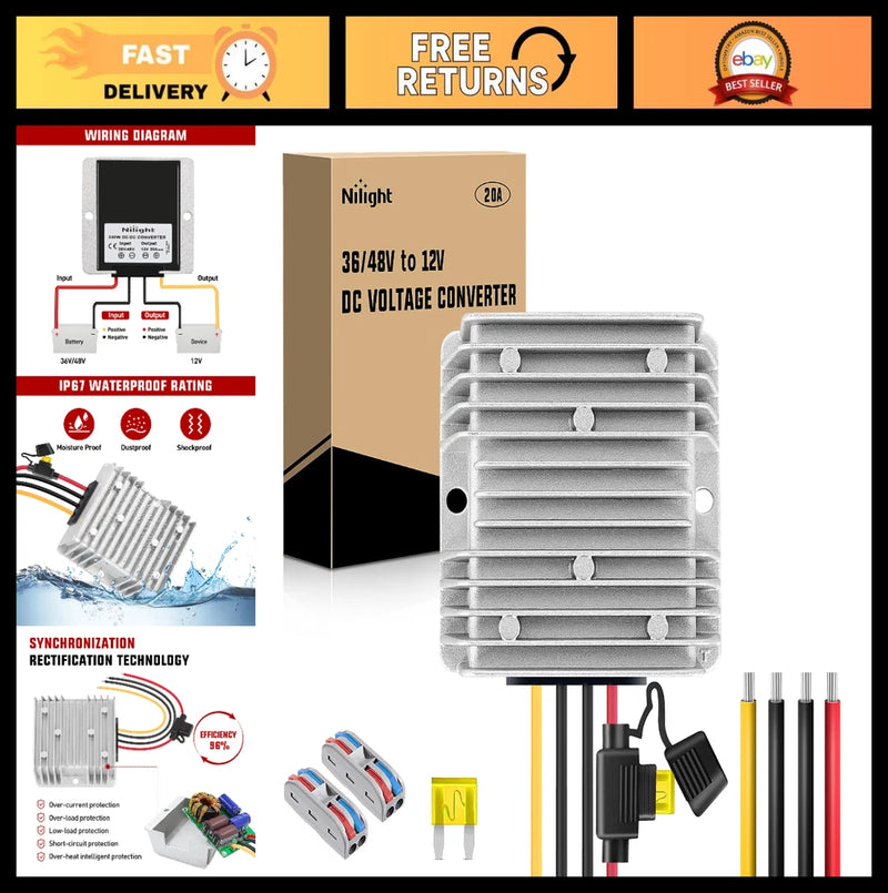 48V 36V to 12V Voltage Converter 240W 20A Waterproof DC Step Down Power Supply f