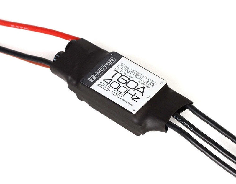 Black T-MOTOR multirotor ESC module with label, 60A, 2-6S, 400Hz, UBEC, wires