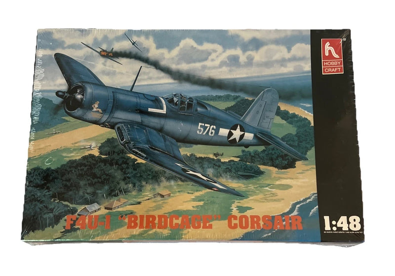 Vintage F4U Birdcage Corsair model kit box, 1:48 scale, blue fighter plane artwork