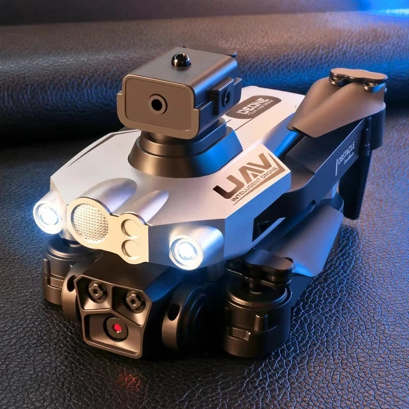 Blue compact drone with camera gimbal and front sensor module on a stand