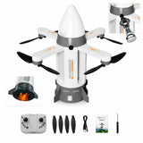 Foldable rocket-shaped RC drone with white body, four propellers, and front camera