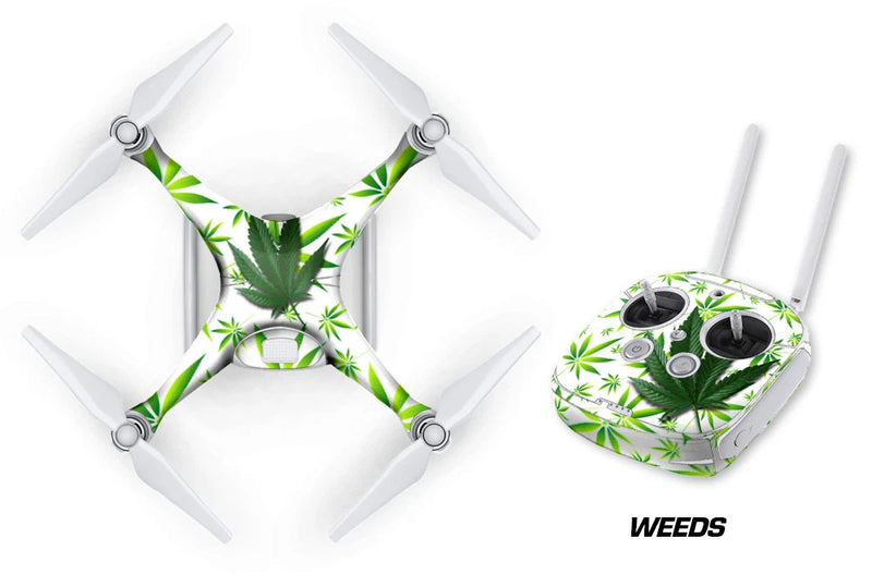 Drone wrap decal sticker set with green leaf and white pattern, top view and controller