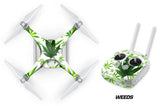 Drone wrap decal sticker set with green leaf and white pattern, top view and controller
