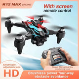 Foldable HD drone with black body, colored lights, and screen remote control