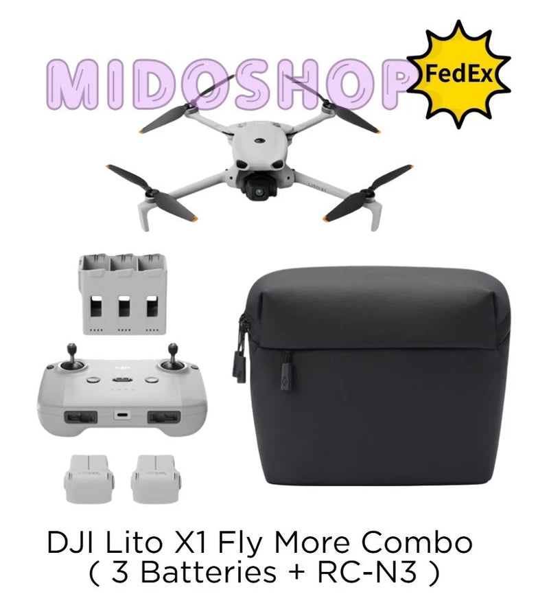 White quadcopter drone with controller, spare batteries, and black carrying case.