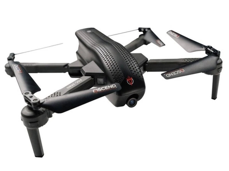 Video drone quadcopter with four foldable arms and black body