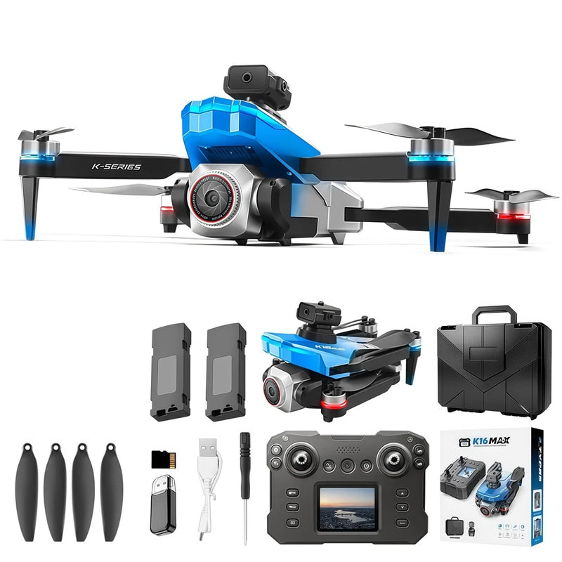 Blue RC drone with camera and remote controller with screen, plus spare parts and case