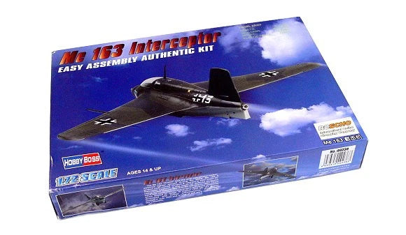 HOBBYBOSS Me 163 1/72 aircraft model kit in blue box with black jet illustration