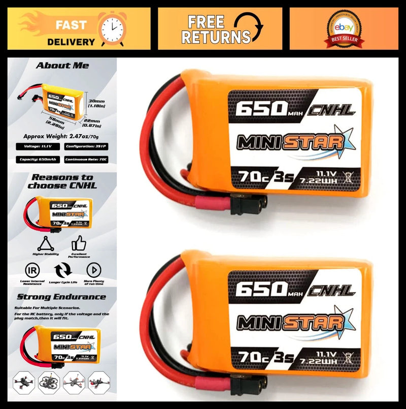 650mAh 3S LiPo Battery 11.1V 70C XT30U Plug for Mini Quad FPV Drone UAV (2 Pack) Battery