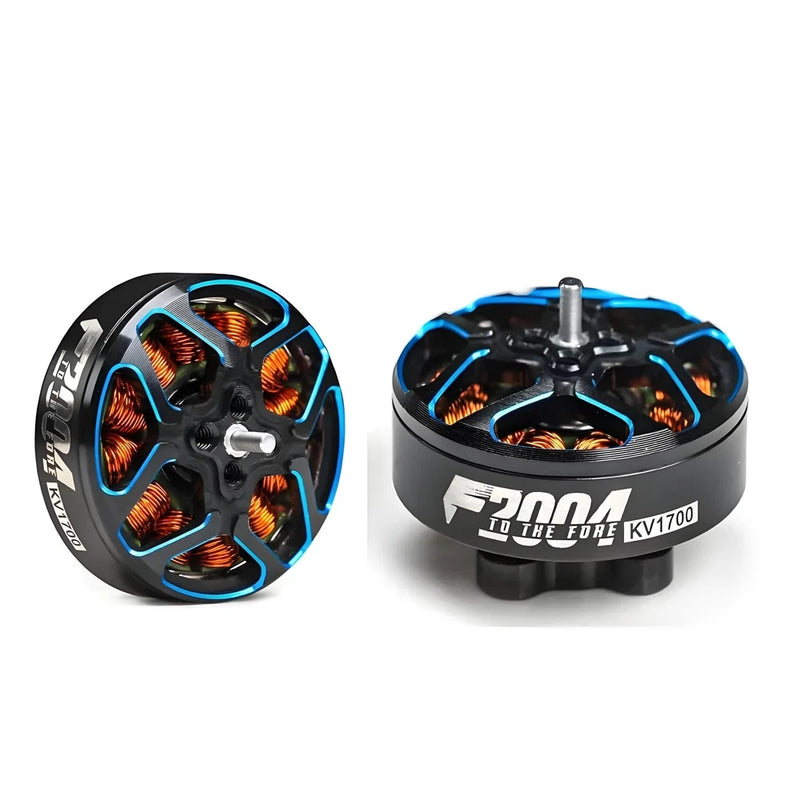 Black RC brushless motor with blue accents, copper windings, and center mounting shaft