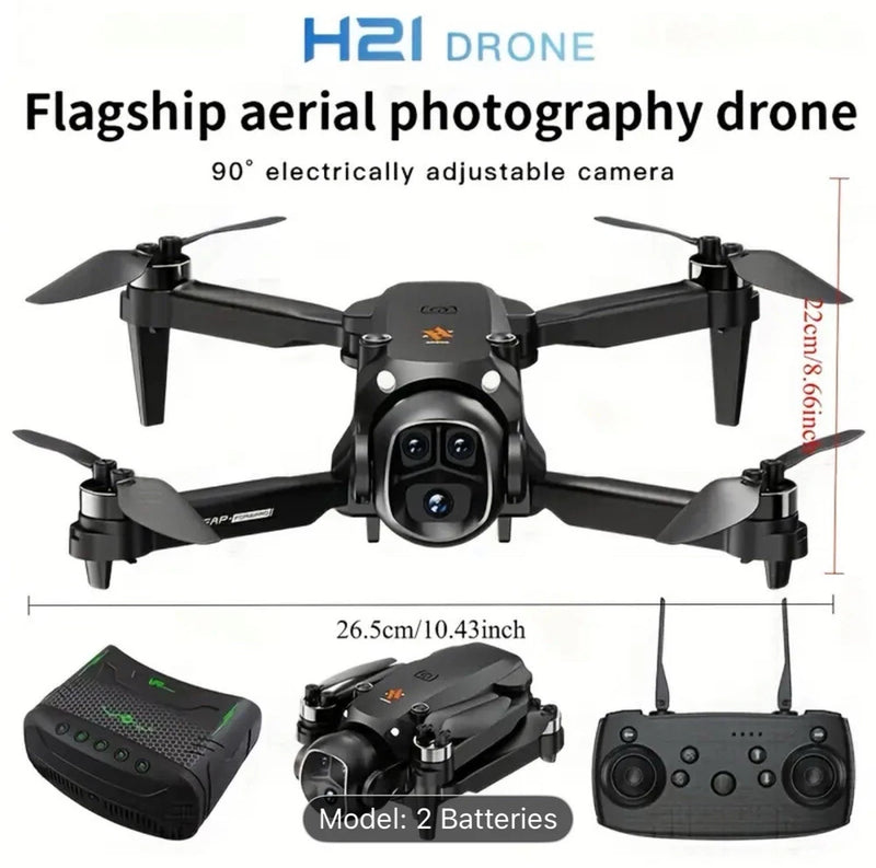 Black quadcopter drone with dual front cameras, four propellers, plus remote controller