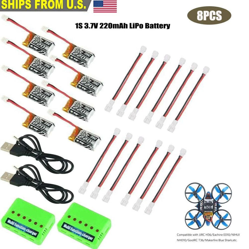 8x 3.7V 220mAh 35C LiPo Battery with 6 in 1 Charger and Cable for E010 JJRC H36 Battery