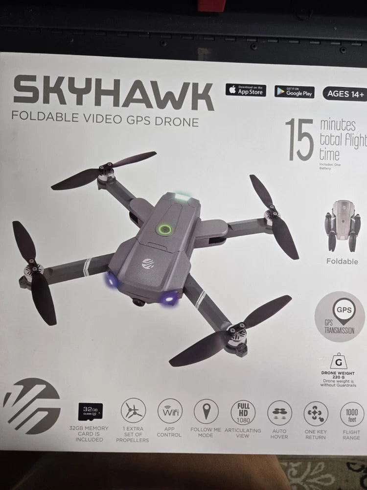 Foldable video GPS drone with four rotors, app control, compact gray design