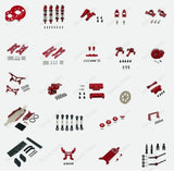 Red CNC aluminum RC car upgrade parts set, assorted metal pieces and screws