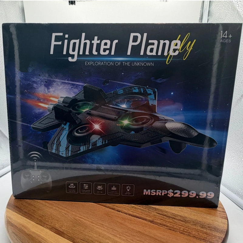 Fighter Planely RC jet drone retail box with 14+ ages and LED lights graphics