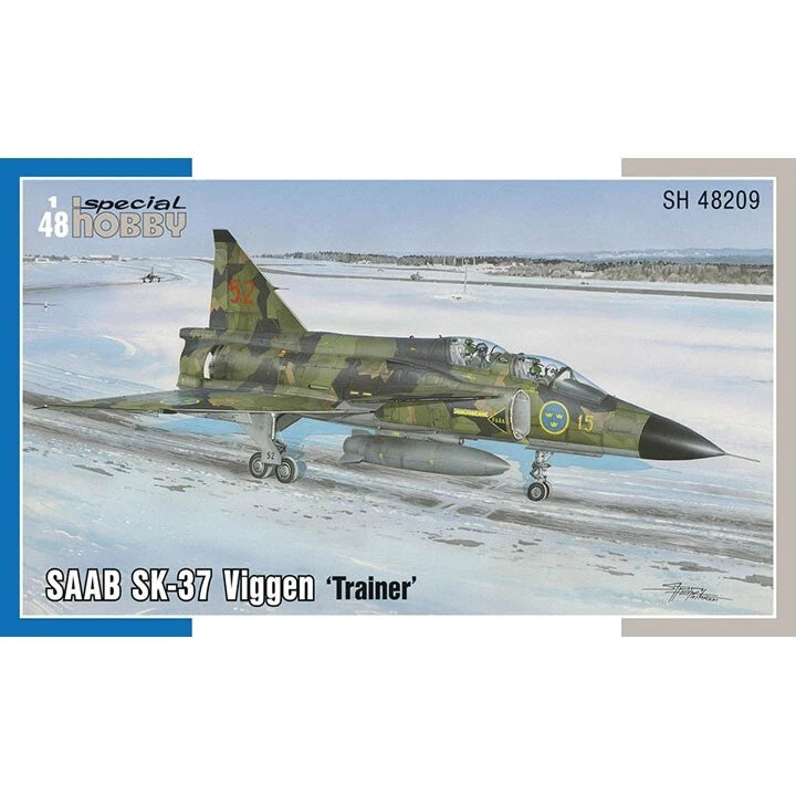1/48 SK-37 Viggen trainer model kit box art with camouflaged fighter jet