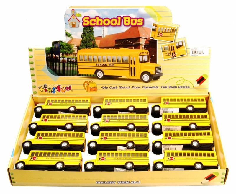 BOX OF 12 DIECAST MODEL TOY CARS - NEW YORK SCHOOL BUS, 5 INCH