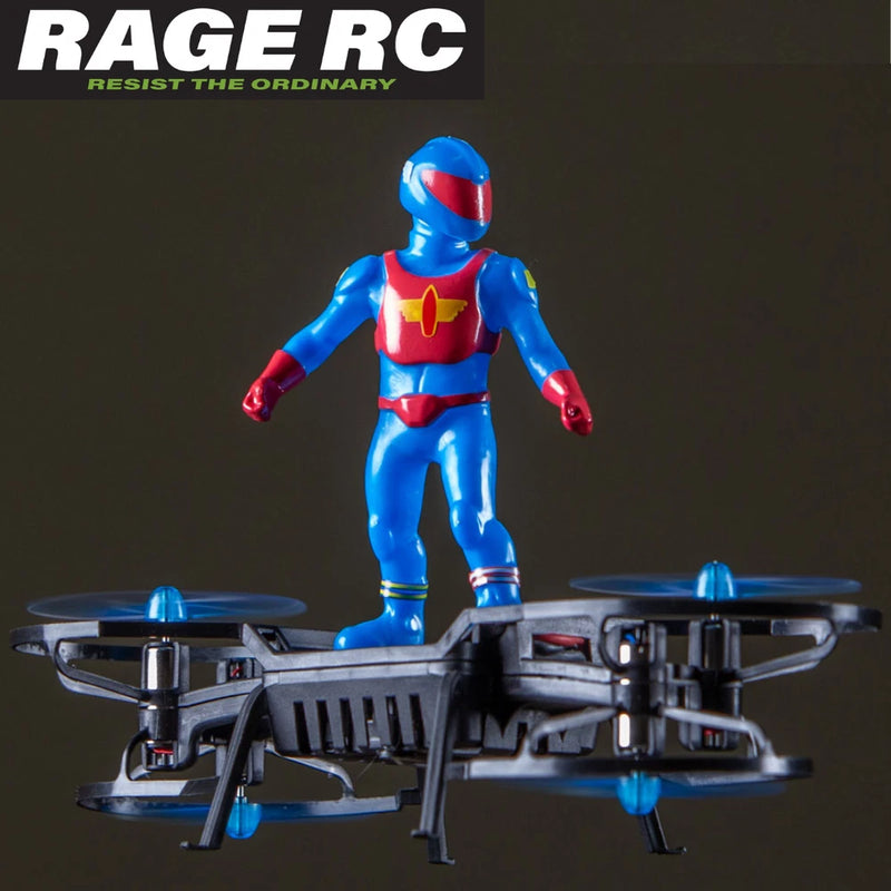 Rage RC mini indoor quadcopter drone with blue-and-red hero figure and four propellers