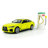 Yellow diecast model car with front 3/4 view and battery pack