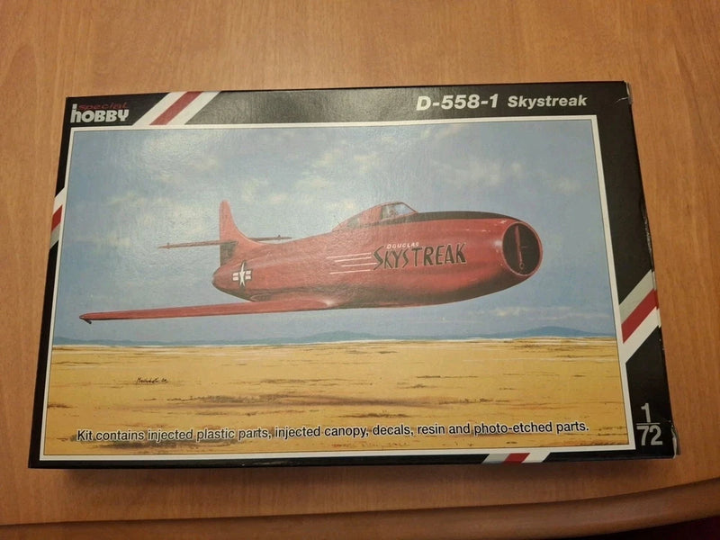 1/72 scale D-558-1 Skystreak model kit box with red jet artwork