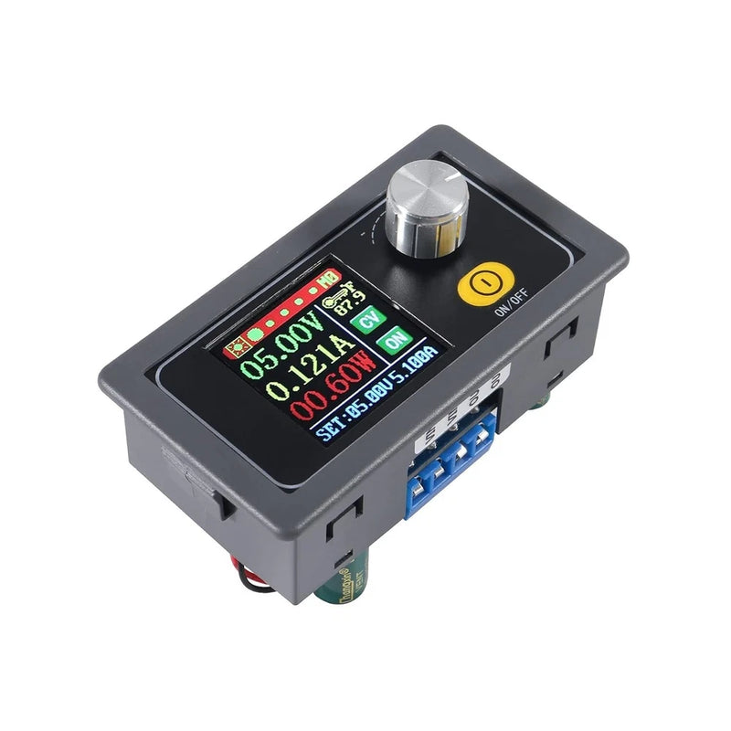 Adjustable DC buck boost converter module with digital display, large knob, and power terminals