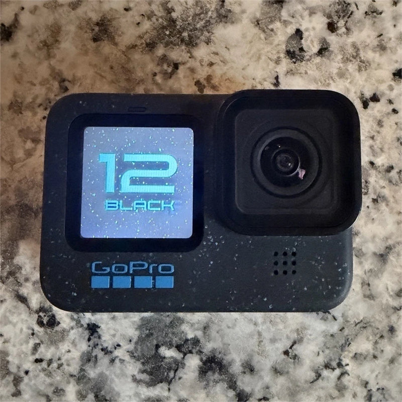 GoPro HERO12 Black action camera front with 12 BLACK display and lens