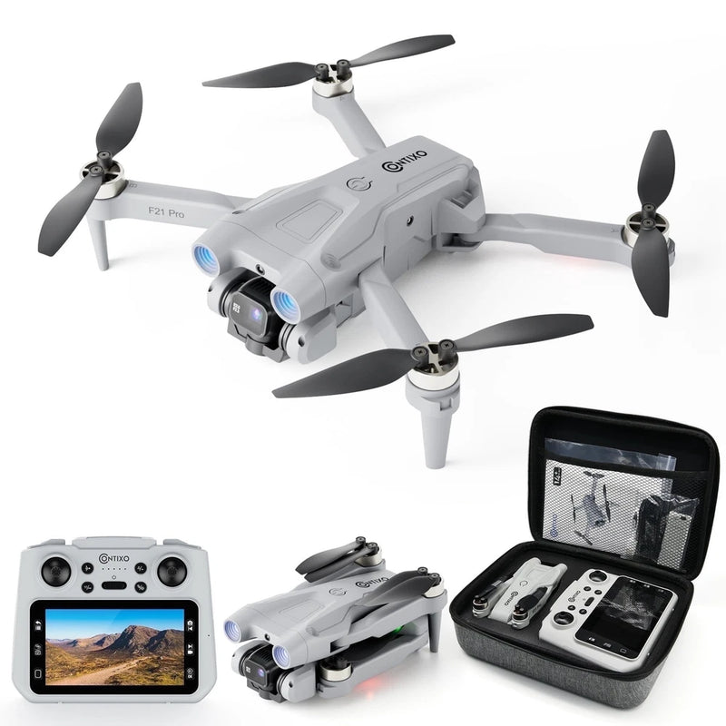 Dual-camera quadcopter drone with four propellers, front dual camera, controller and case