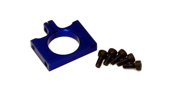 Blue metal tail boom holder bracket with circular hole and included mounting screws