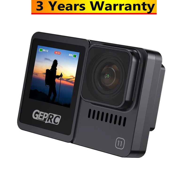GEPRC action camera with front lens and rear display screen, dark gray body
