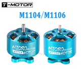 Blue CNC micro brushless motor with 1.5mm shaft, front view; M1104/M1106