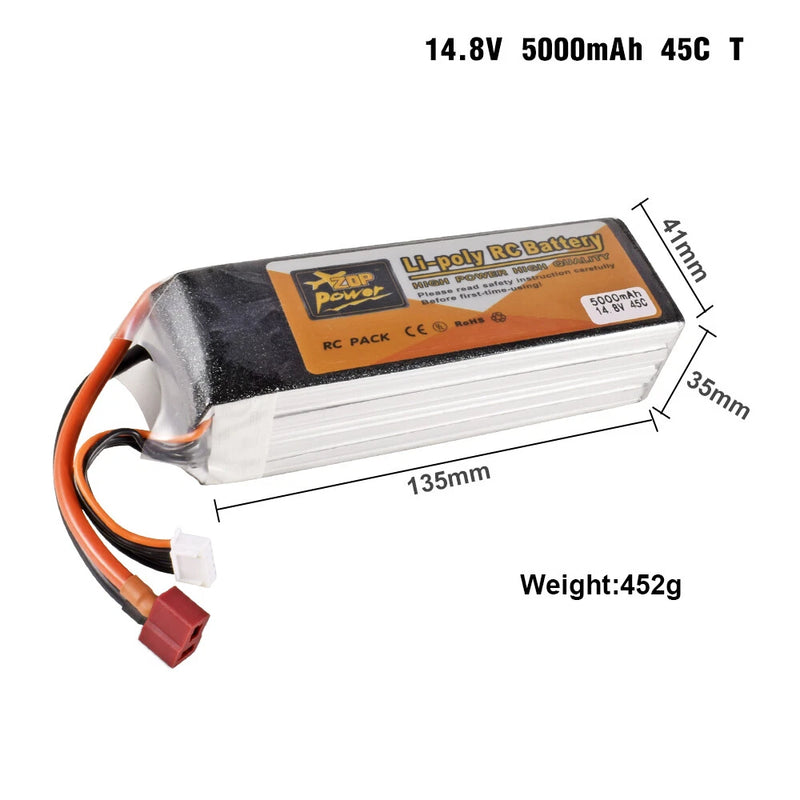 Zop Power 4S 14.8V 5000mAh 45C T Plug RC Lipo Battery for RC Car Boat FPV Drone Battery