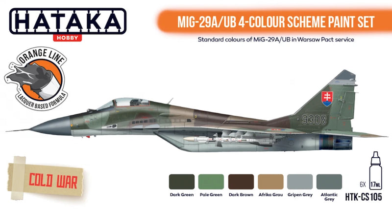 Model paint set, small bottles with 4 color swatches for MiG-29 orange line scheme