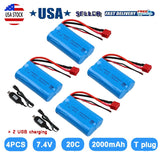 4x 7.4V 2000mAh 20C Li-ion Battery TPlug USB Charger for RC Car Boat Truck Buggy