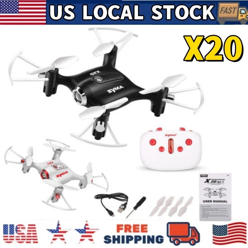 Nano black RC quadcopter with white propellers and white remote controller with red buttons