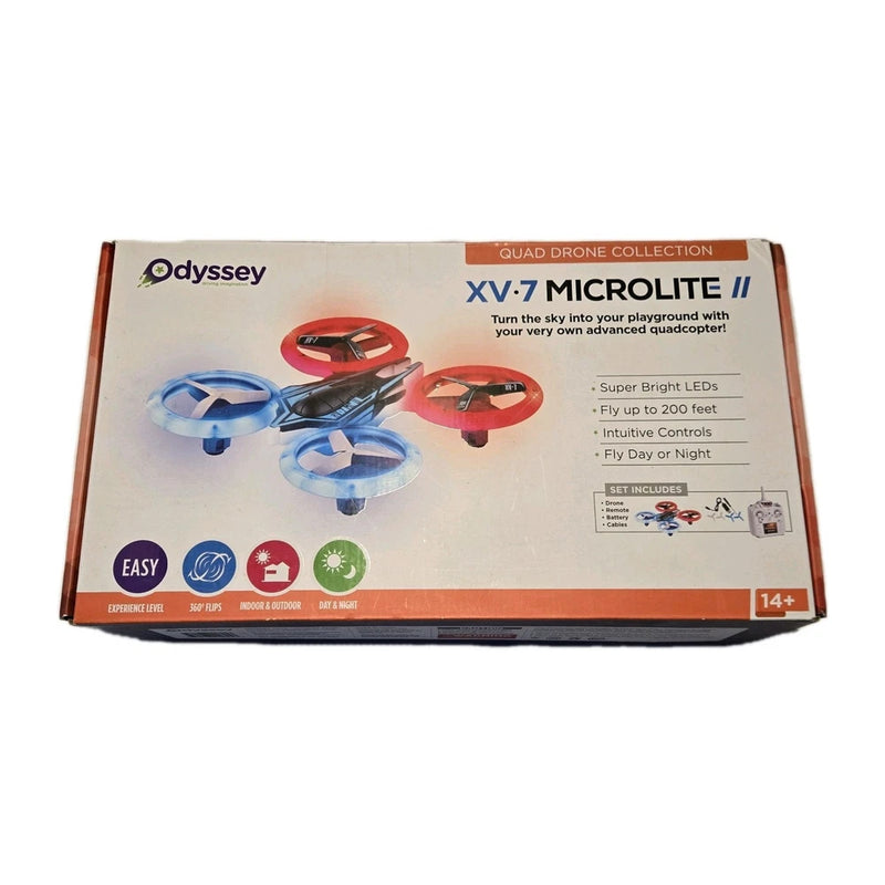 XV-7 Microlite II quad drone in original retail box, orange and blue design