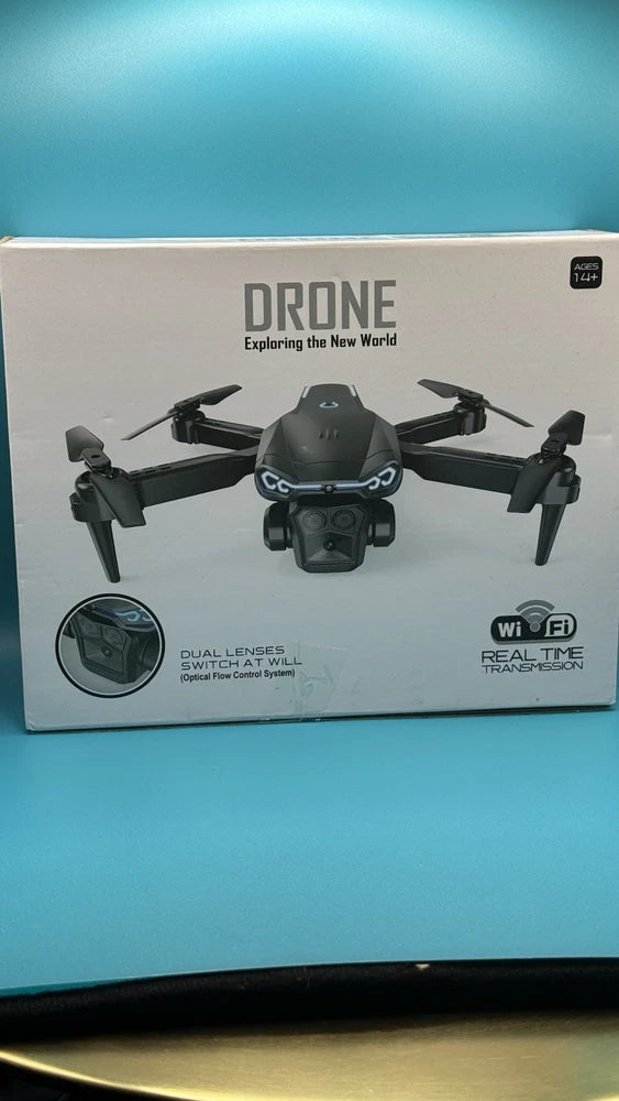 Dual-lens drone shown on retail box packaging