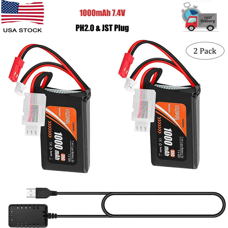 2Pcs 2S 1000mAh 7.4V Lipo Battery SCX24 PH2.0 & JST Plug 35C+ USB Charger for RC