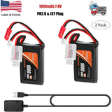 2Pcs 2S 1000mAh 7.4V Lipo Battery SCX24 PH2.0 & JST Plug 35C+ USB Charger for RC