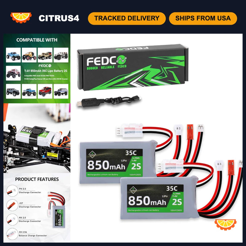 RC LiPo battery kit with 850mAh 2S 35C battery, USB charger, and red balance leads