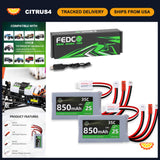 RC LiPo battery kit with 850mAh 2S 35C battery, USB charger, and red balance leads