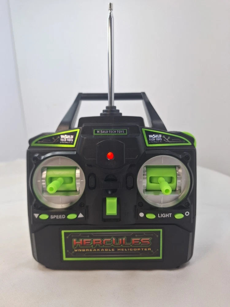 Toy drone remote control with tall antenna, speed and light buttons, green accents